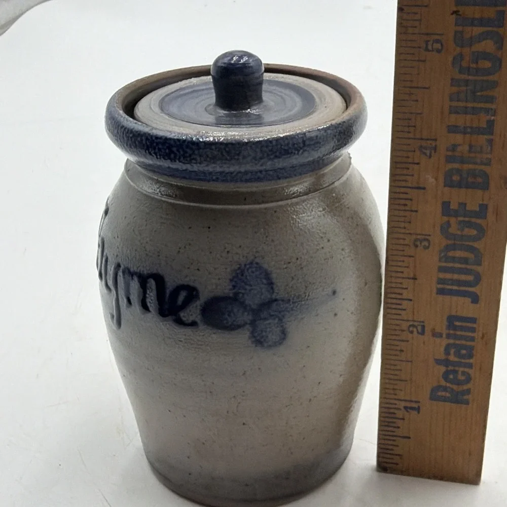 1991 Vintage Rowe Pottery Stoneware Spice Herb Jar Thyme Gray Dark Blue Cobalt